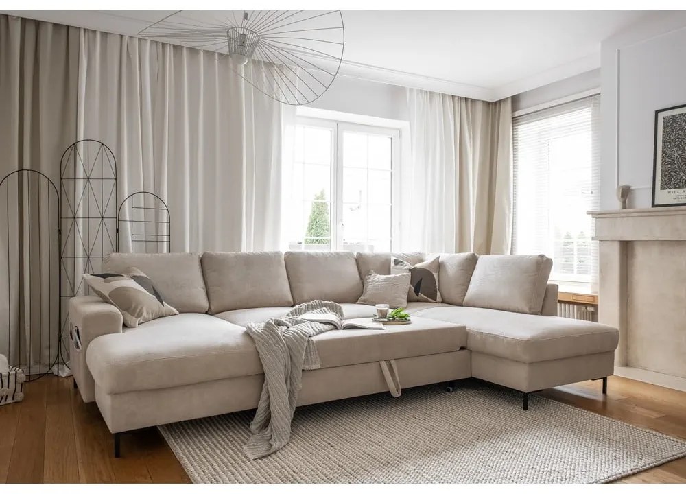 Bézs kordbársony kinyitható sarokkanapé (jobb oldali) Lofty Lilly – Miuform