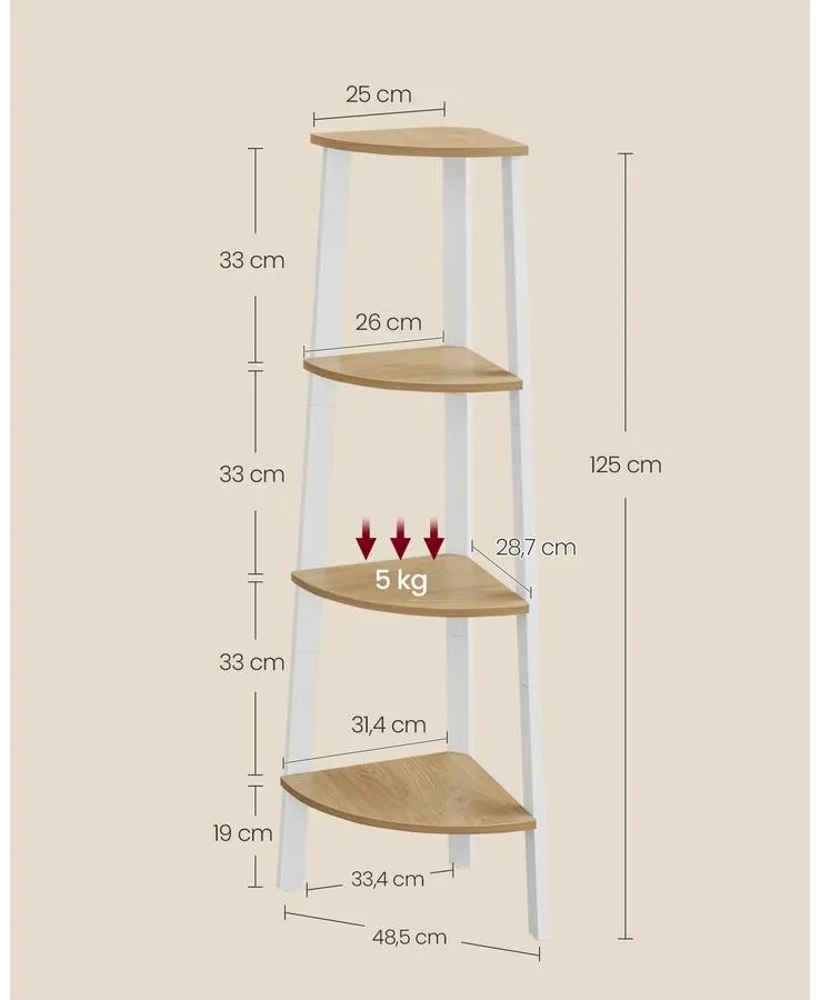 VASAGLE sarokkönyvespolc, 4 szintes létrás polc 33,3×33,3×125 cm, natúr - fehér színben