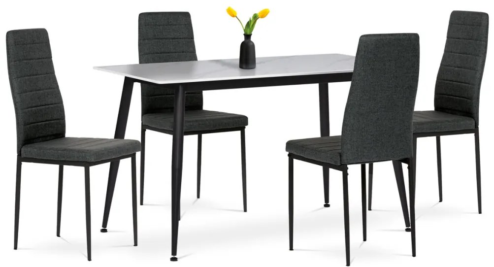 Set de dining 1+4, masă 130x70, blat din piatră sinterizată cu imitație de marmură alb mat, scaune tapițate cu material textil verde, finisaj negru lăcuit.