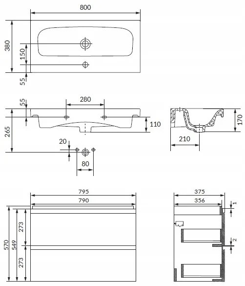 Cersanit Moduo Slim SET, akasztós szekrény 80x38x62 cm + mosogató 80 cm, antracit matt, S801-468-DSM
