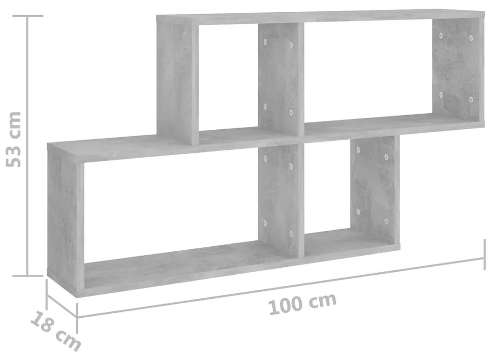 betonszürke szerelt fa fali polc 100 x 18 x 53 cm