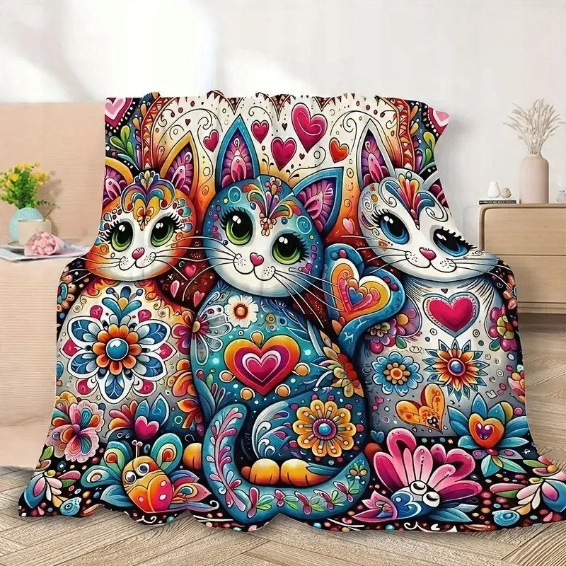 Színes takaró macskákkal 150x200 cm puha meleg pléd művészi art