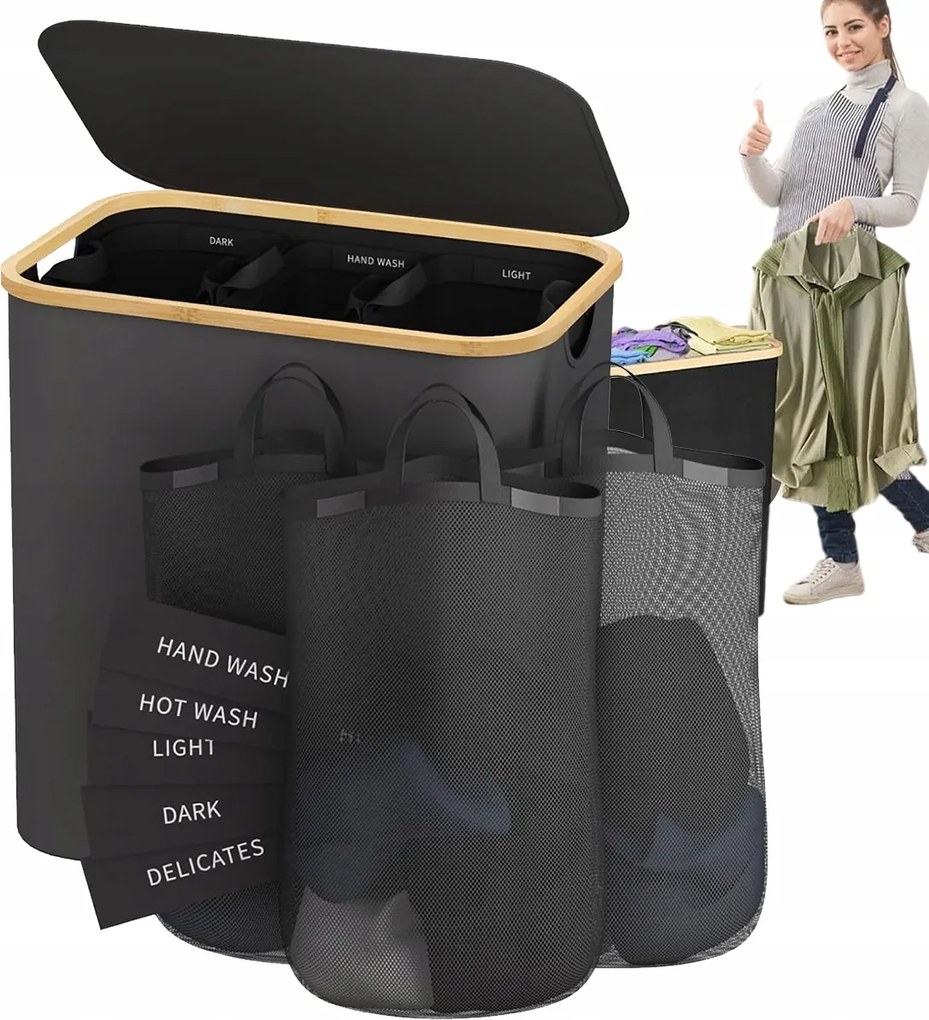 Nagy szennyestartó kosár 156L 3 rekeszes Fedél Szürke