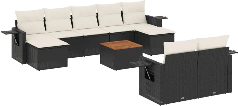 vidaXL 10 részes fekete polyrattan kerti ülőgarnitúra párnákkal
