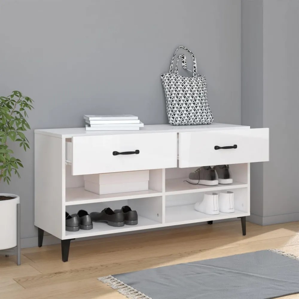 magasfényű fehér szerelt fa cipőszekrény 102x35x55 cm