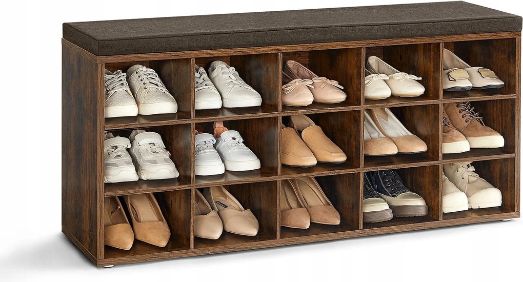 Cipősszekrény 15 polccal és puha lehúzható ülőfelülettel rusztikus barna