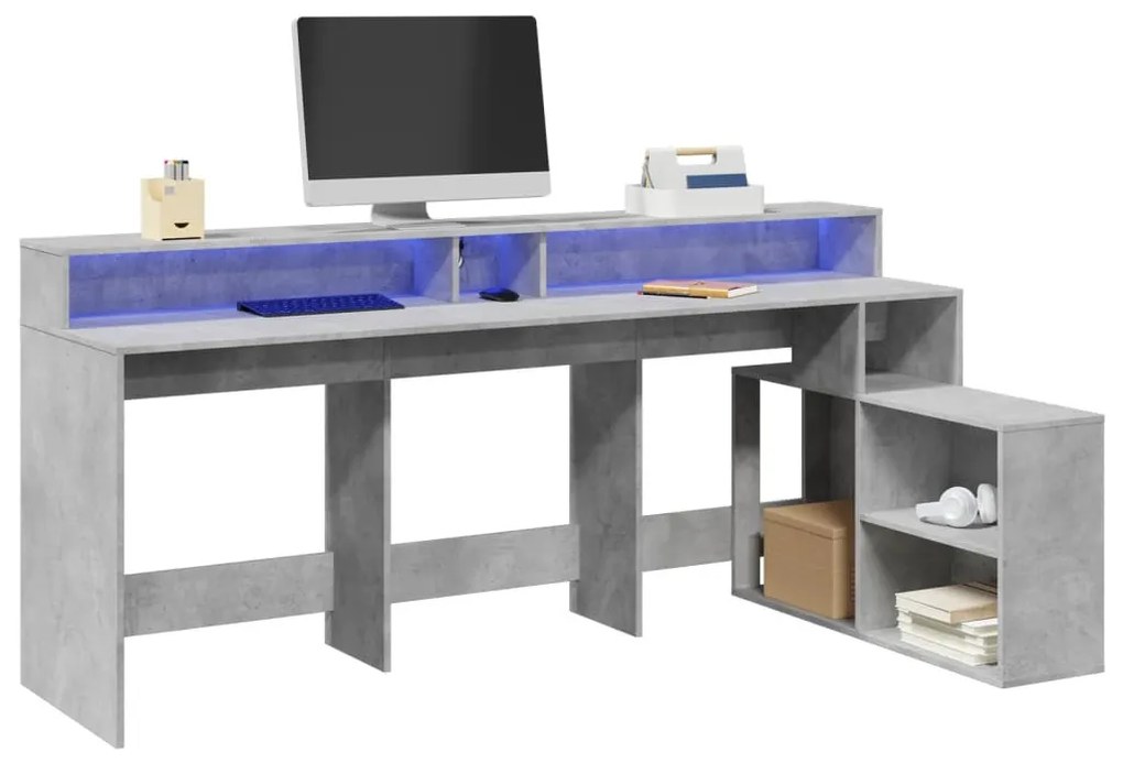 betonszürke szerelt fa íróasztal LED-világítással 200x104x91 cm