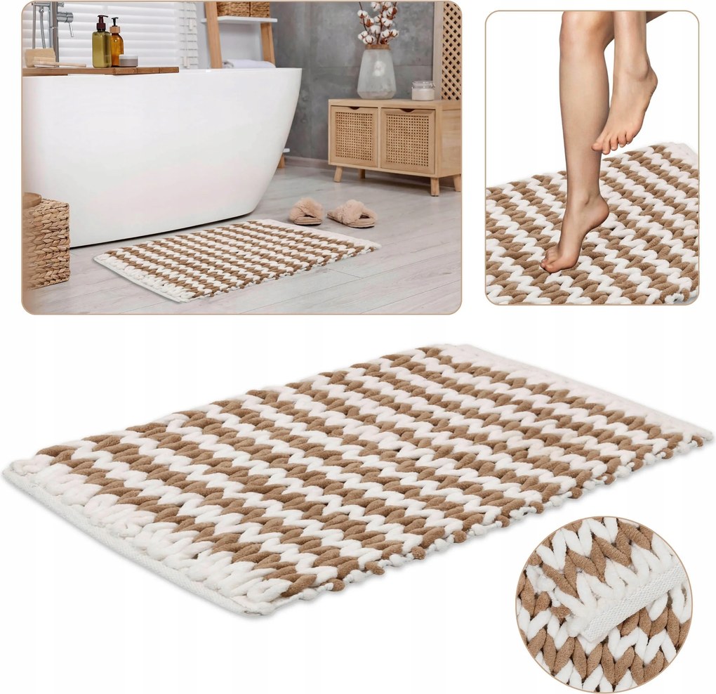 Barna-fehér Fonott Fürdőszobaszőnyeg/Fürdőszőnyeg 50x80 cm Nedvszívó Mikroszálas