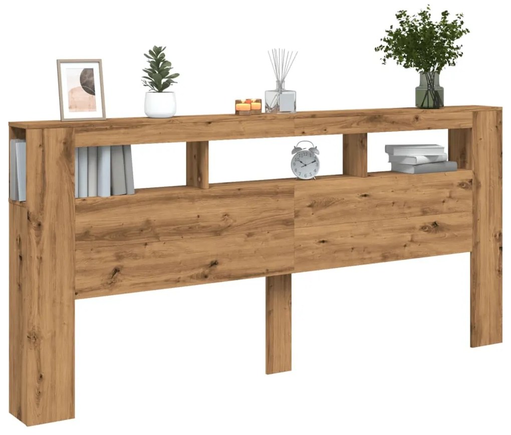 kézműves tölgyszínű szerelt fa LED-es fejtámla 220x18,5x103,5cm