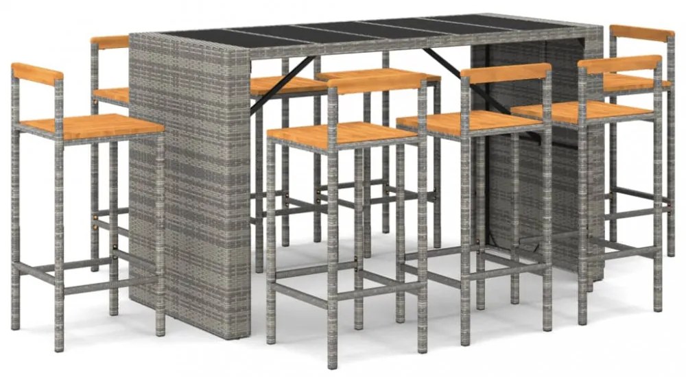 9 részes szürke polyrattan és tömör akácfa kerti bárszett