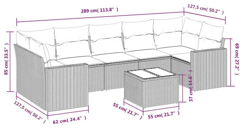 8 részes világosszürke polyrattan kerti ülőgarnitúra párnával