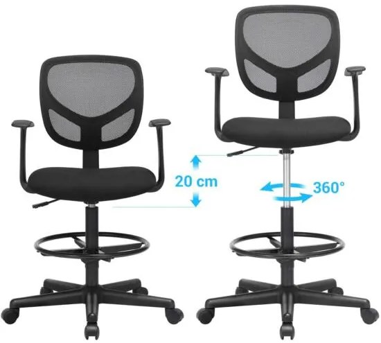 Ergonomikus irodai szék kartámaszokkal, magas forgó szék 55-75 cm ülésmagasság, Fekete