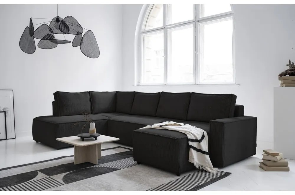 Antracitszürke kordbársony kinyitható sarokkanapé (bal oldali-U alakú) Brave Dave – Miuform