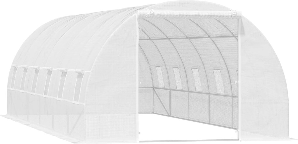Outsunny Kültéri Alagútházh 8x3x2 m Kertiház 12 Ablakkal és Felhúzható Ajtóval Növények, Paradicsomok, Zöldségek Növesztéséhez Acél és PE 140 g/m² Feh
