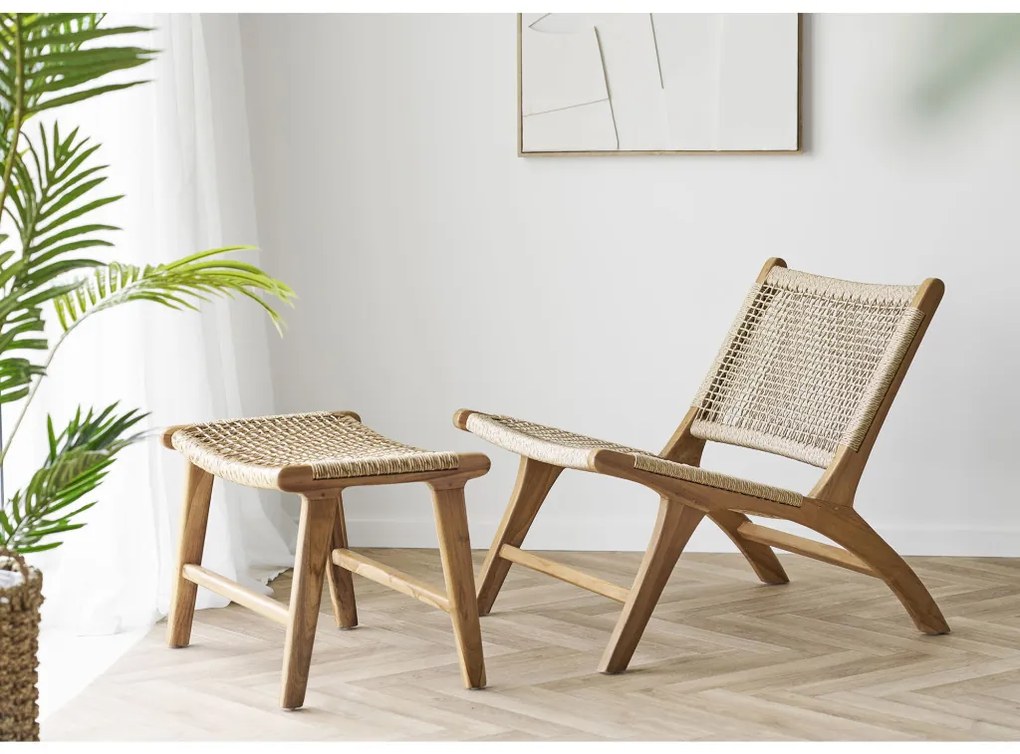 Derby fotel polyrattanból, natúr teak fa lábakkal