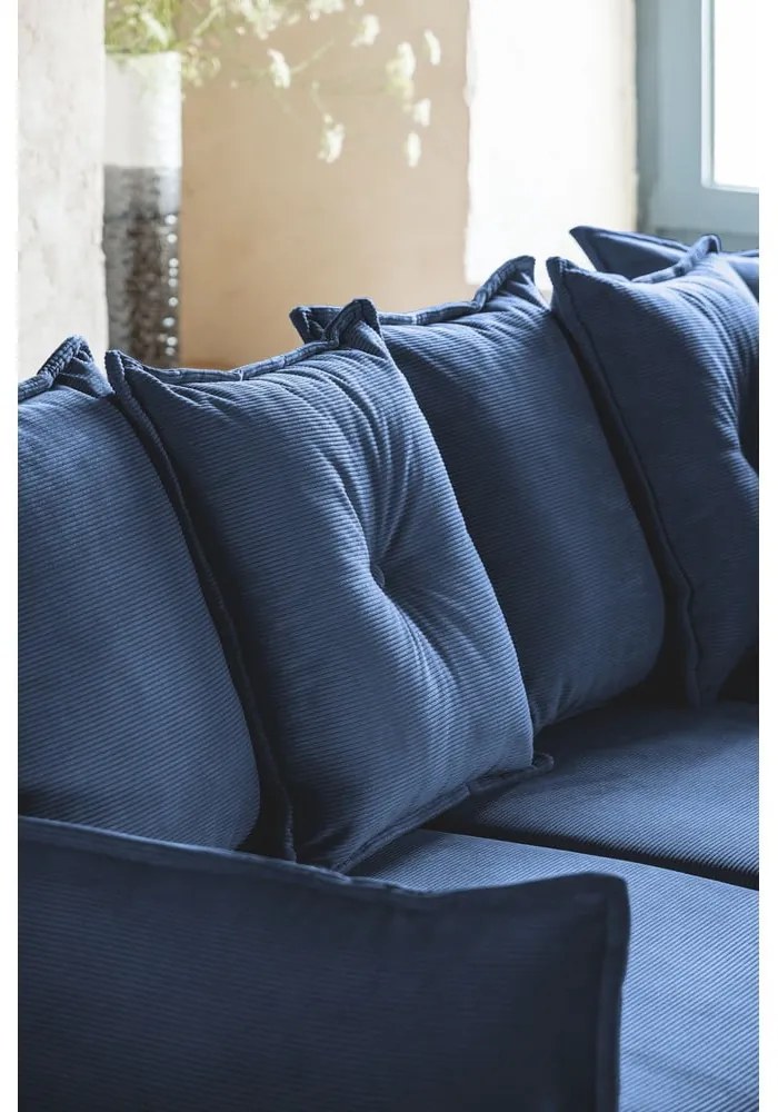 Sötétkék kordbársony kinyitható sarokkanapé (jobb oldali) Lazy Lukka – Miuform