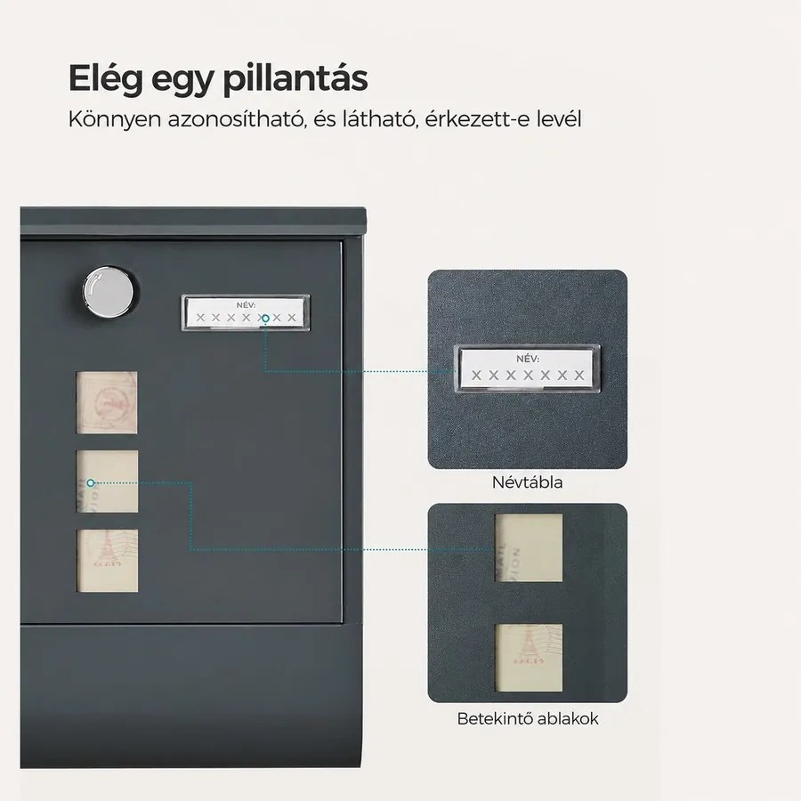 Postaláda újságtartóval, zárható, falra szerelhető, 30,5 x 9,5 x 33,3 cm, antracitszürke