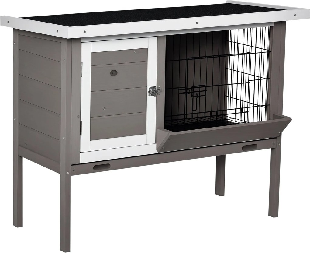 PawHut Kültéri Fa Nyúlketrec Emelt Állványon, Nyulaknak, Törpemalacoknak és Más Kisméretű Állatoknak, Kihajtható Bitumen Tetővel, Etetővel, Kivehető T