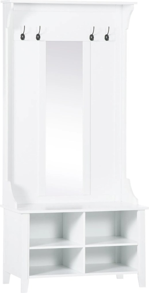 HOMCOM Kabátállvány Tükörrel és Cipőtartóval, 4 Horog, Fa, 80x40x170cm, Fehér | Aosom