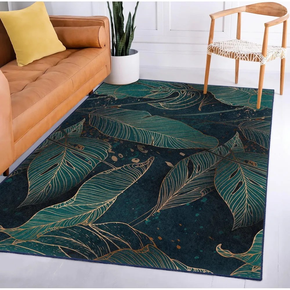 Petróleum színű mosható futószőnyeg 80x200 cm Midnight Jungle – Mila Home