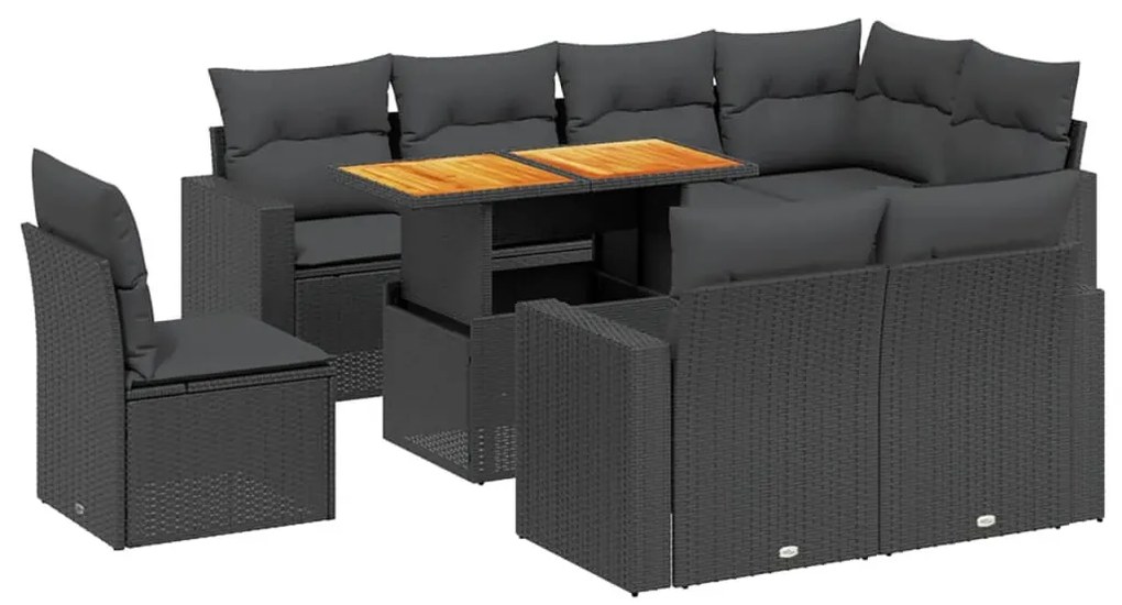 9 részes fekete polyrattan kerti ülőgarnitúra párnákkal
