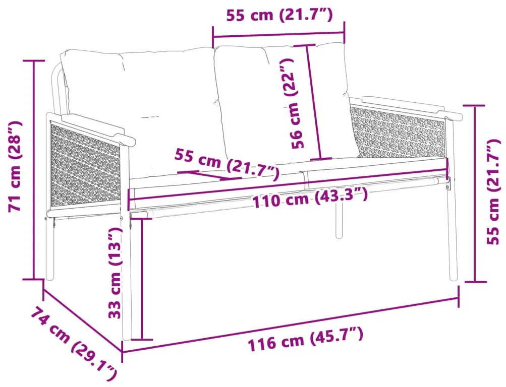 fekete acél kerti pad párnákkal 116 cm