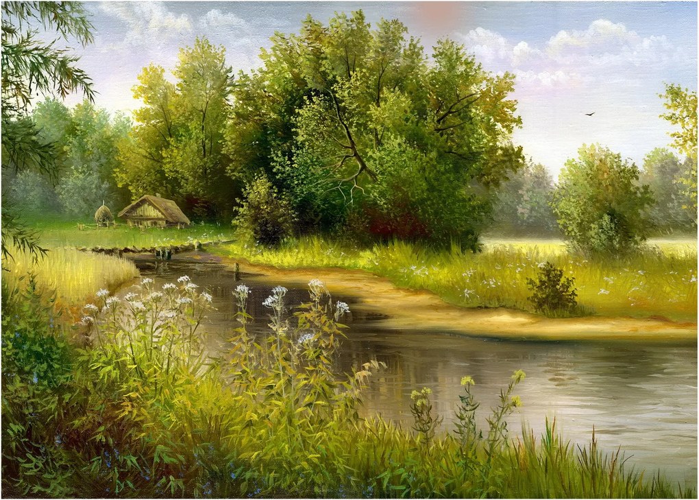 Kép - folyó az erdőnél, olajfestmény (üvegen) (70x50 cm)
