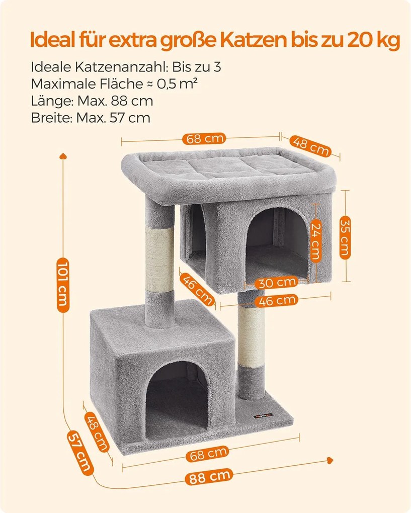 Feandrea XL macskavár (101 cm), 2 barlanggal és kilátóval, 20 kg-ig, világosszürke