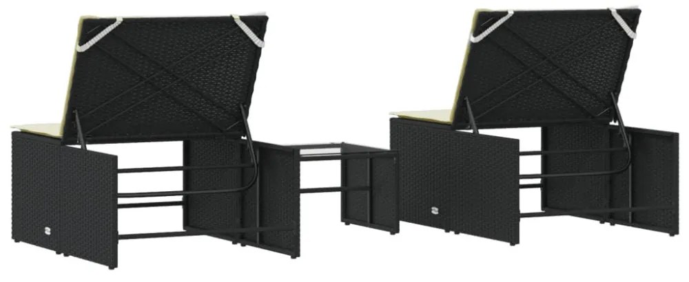 2 db fekete polyrattan napozóágy asztallal