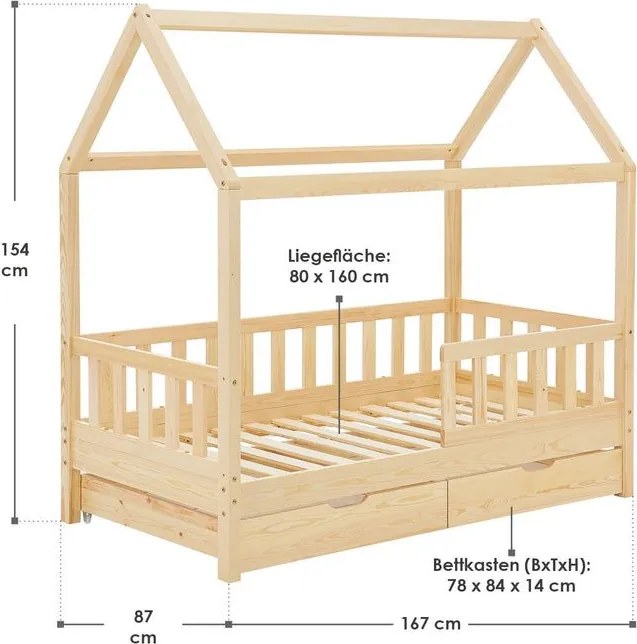 Természetes fa gyerekágy ház formában, tárolóval