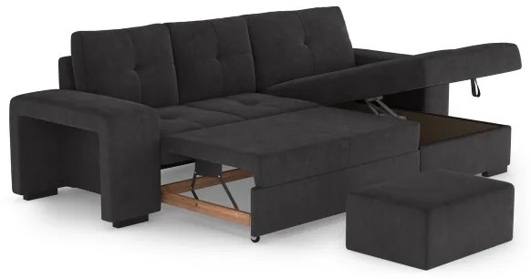 PALERMO jobbos, fekete kihúzható kanapé tárolóval és puffal