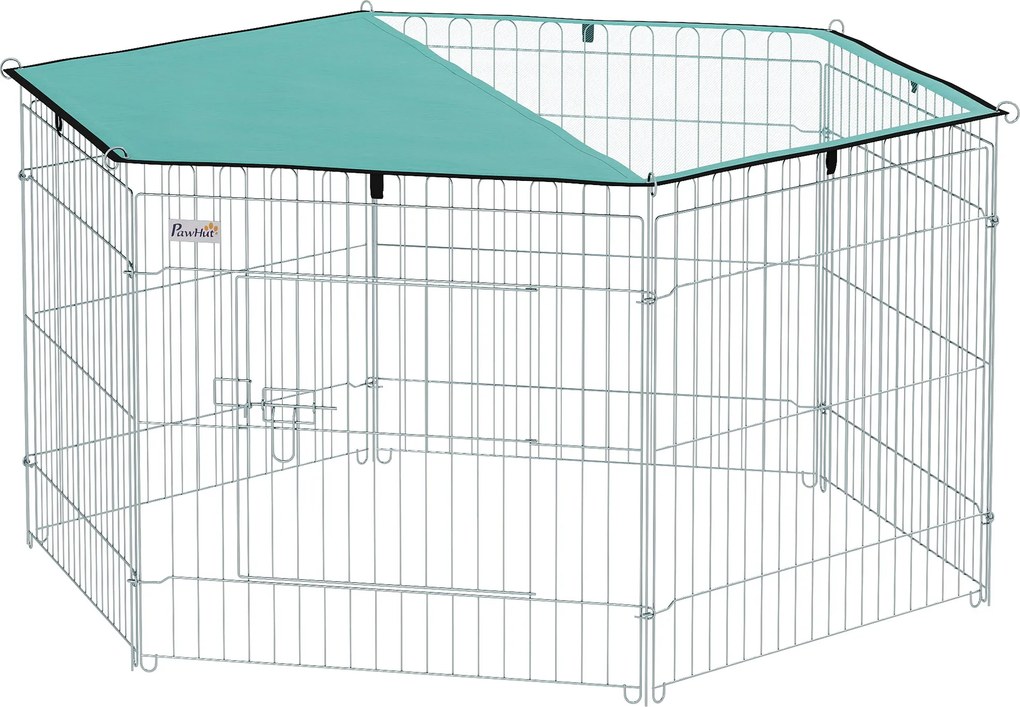 PawHut Kutya Játékkerítés 6 Panel 59x60 cm Összecsukható Fém Kerítés Kiskedvenceknek Ajtóval, Zárral és Tetővel Kerten, Teraszon, Kültéren Ezüst | Aos