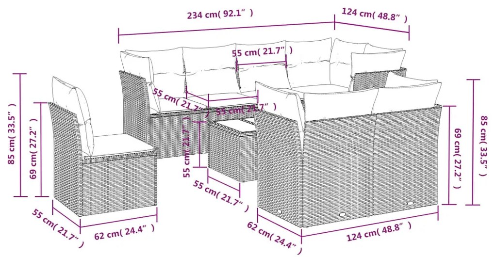 9 részes szürke polyrattan kerti ülőgarnitúra párnákkal