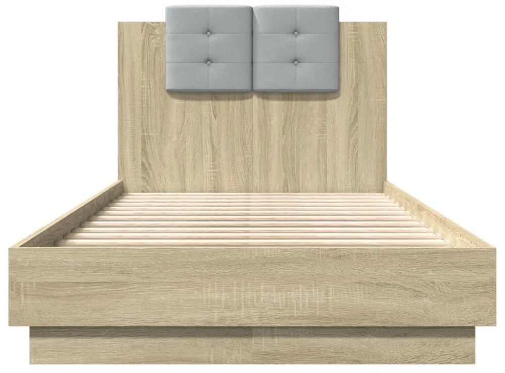 sonoma tölgy színű ágykeret fejtámlával és LED-ekkel 75x190 cm