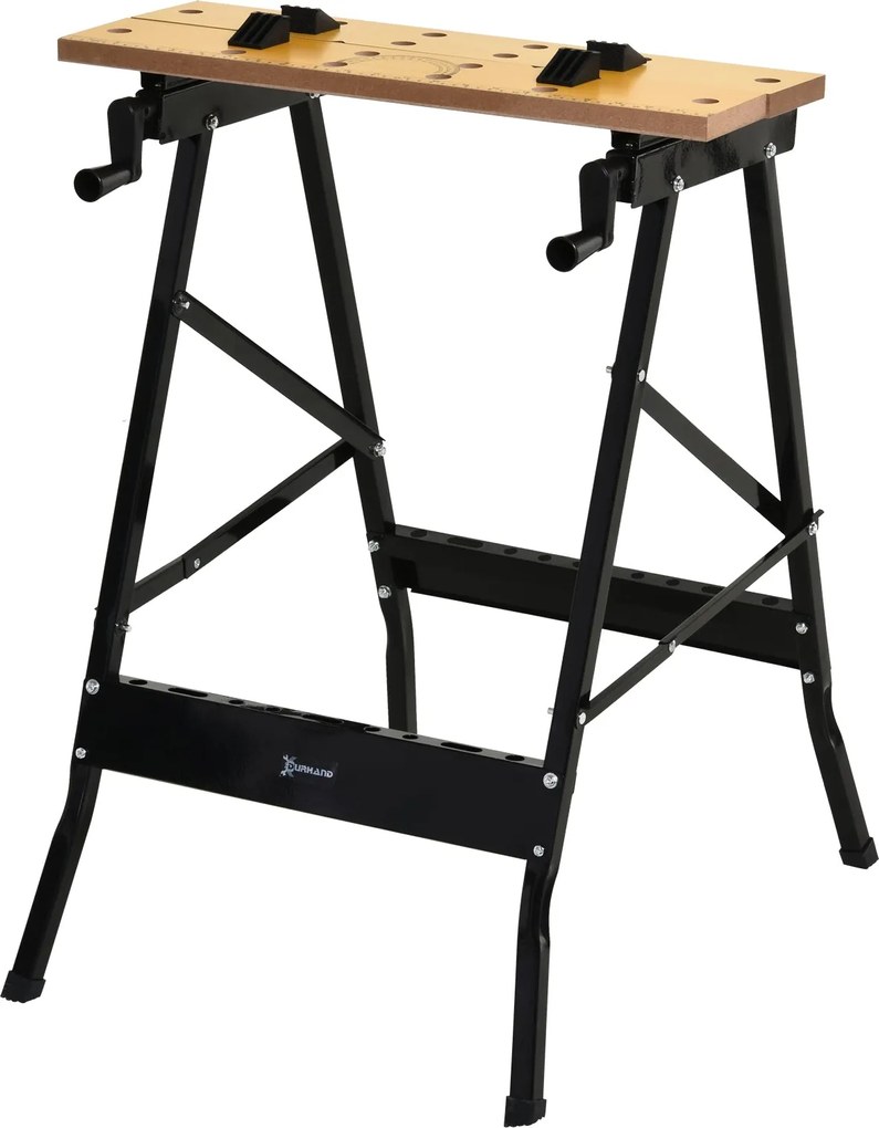 DURHAND Összecsukható Munkapad Készlet 2 Kezelőkerékkel Fakitermelő Asztalos Vas MDF Támogatással 100 kg-os Kapacitással 60.5x62.5x78.5 cm Természetes