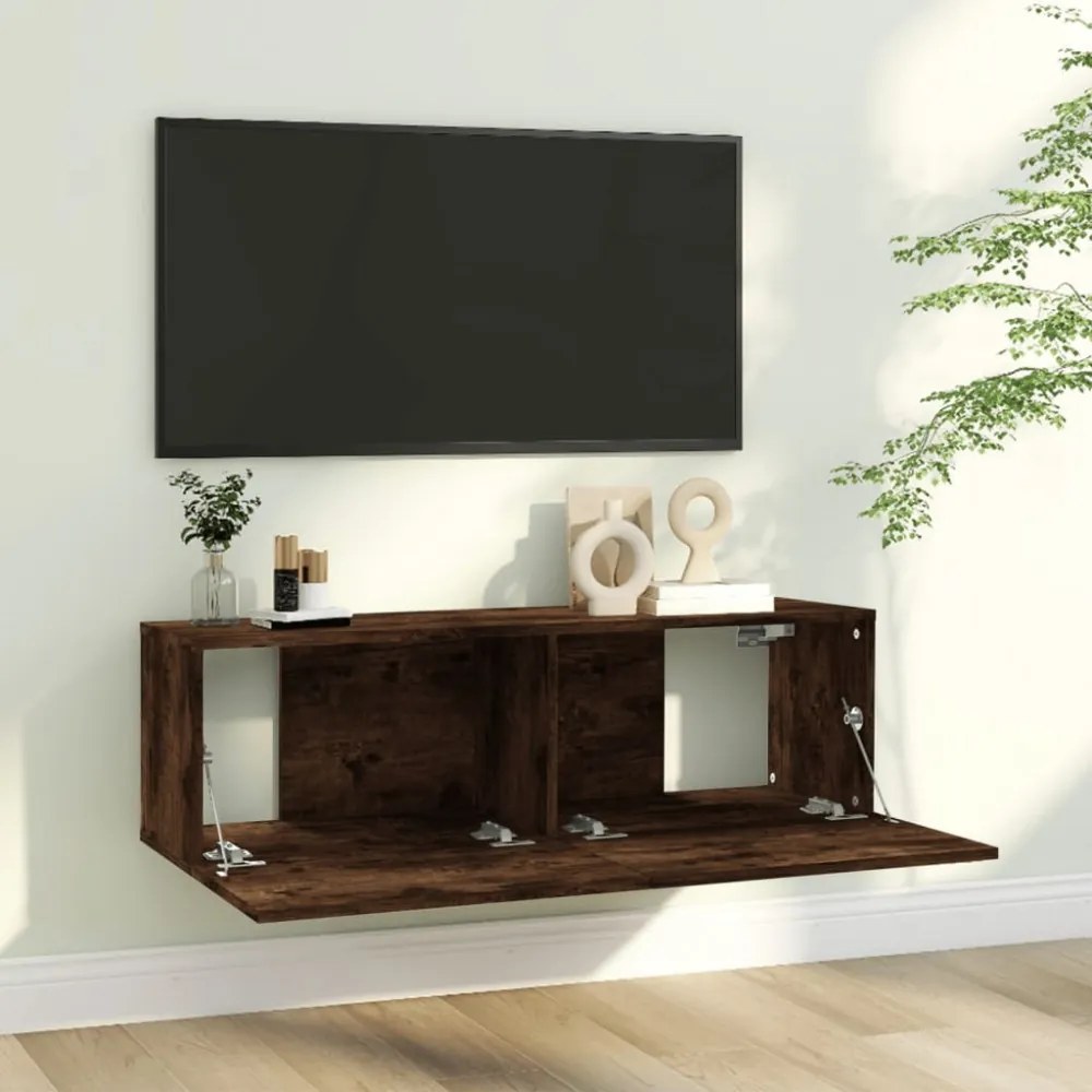 füstös tölgy színű szerelt fa fali TV-szekrény 100 x 30 x 30 cm