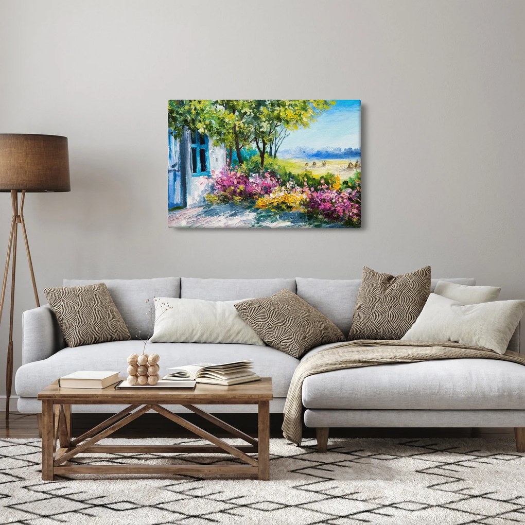Kép a ház előtti kertről, olajfestmény (90x60 cm)