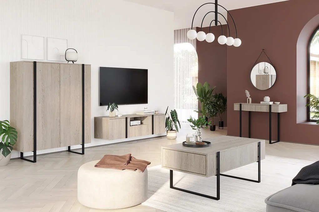 Verica 150 cm-es TV-szekrény, falra szerelhető, nyitott polccal - szivacsos-tölgy / fekete fogantyúk