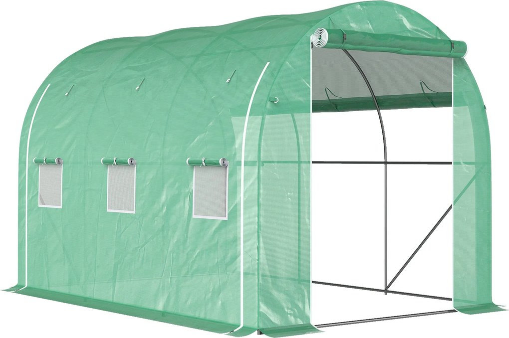 Outsunny Kerti Üvegház 6m² 3 x 2m 1 ajtóval + 2 feltekerhető cipzáras oldalpanelekkel, 6 ablakkal, horganyzott acél, nagy sűrűségű 140 g/m² UV-ellenál