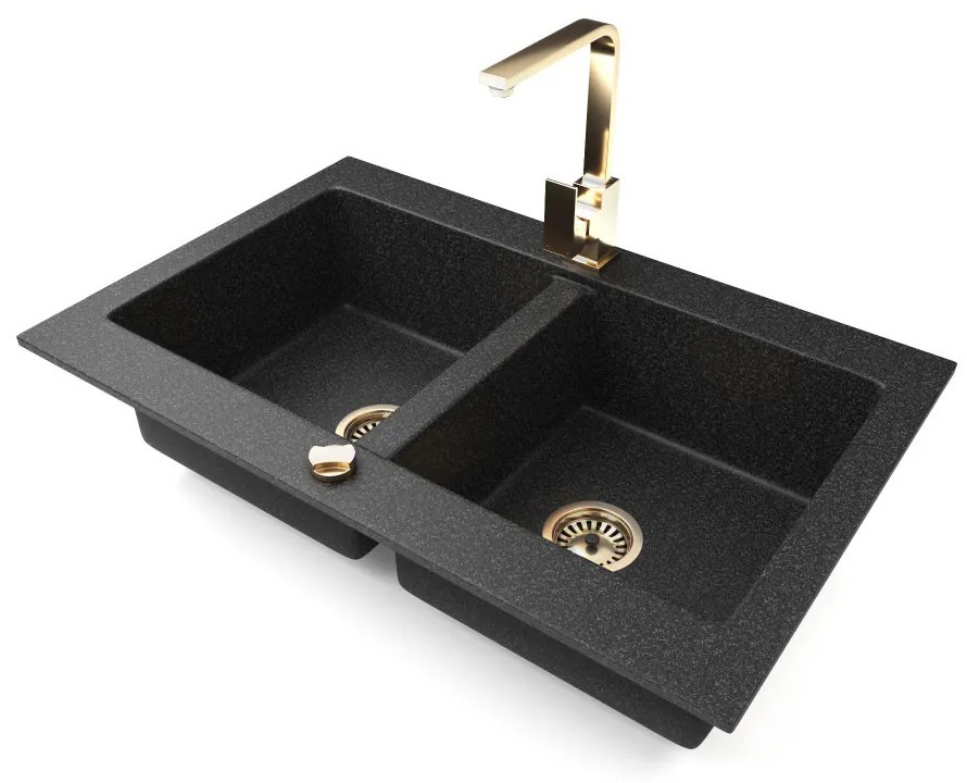 Gránit mosogatótálca NERO Verso + Design Gold csaptelep + dugókiemelő (fekete)