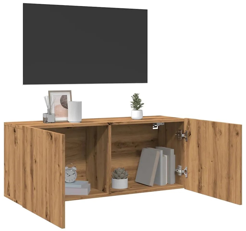 kézműves tölgy színű falra szerelhető TV-szekrény 100x30x41 cm