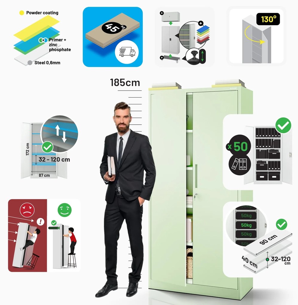 Irodai szekrény, 900 x 1850 x 400 mm, Fresh Style: pasztellzöld