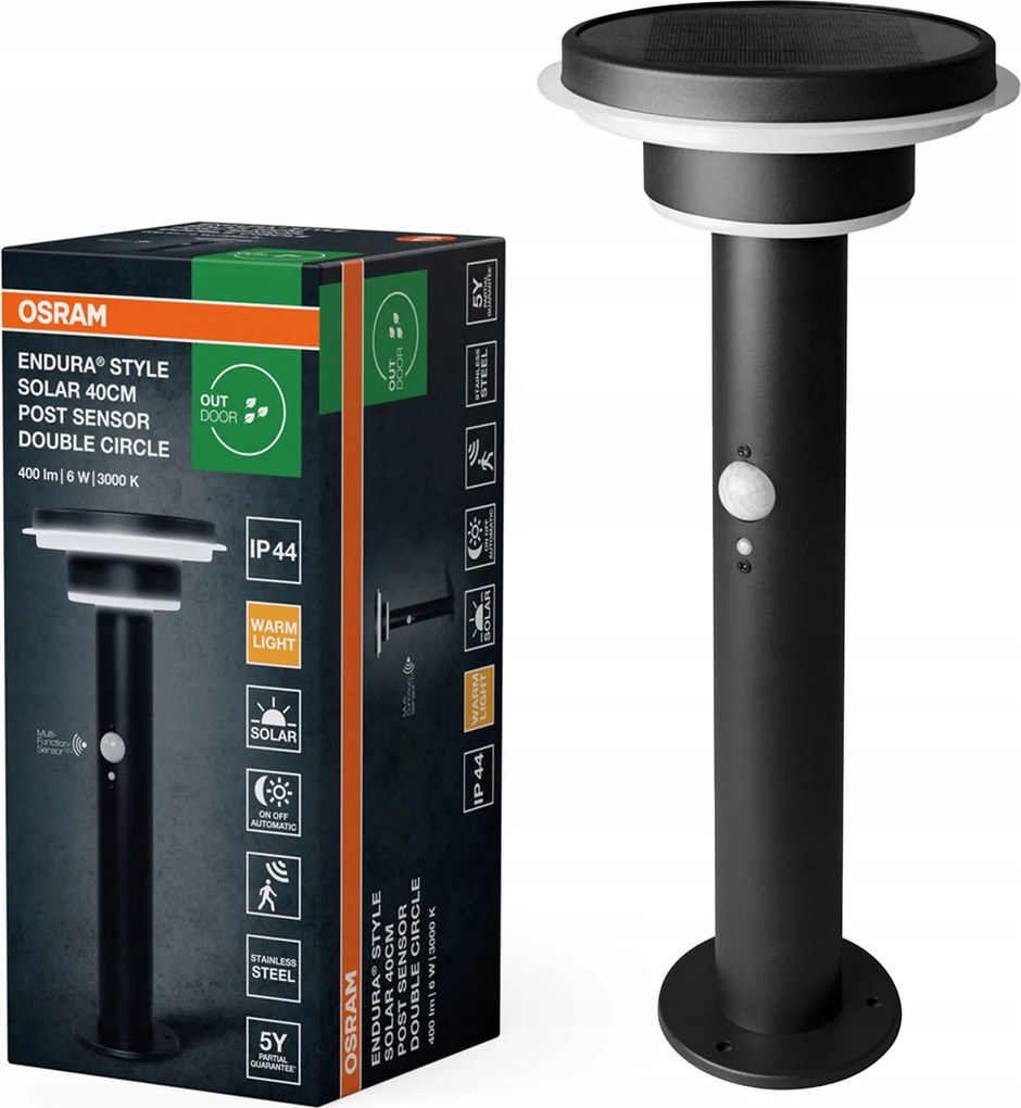 Napelemes kerti lámpa Led oszlop Alkonyat mozgásérzékelő 3000K IP44 Endura