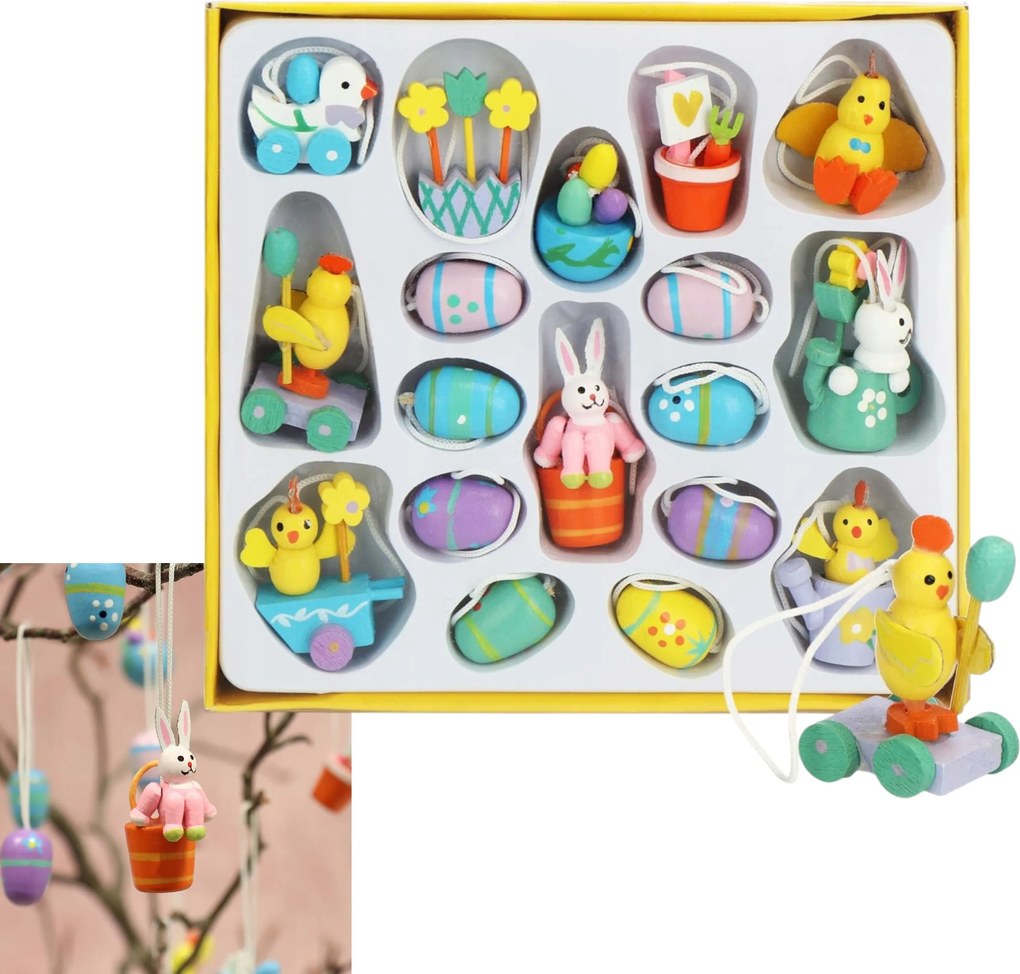 Fából készült húsvéti figurák lógó medálok húsvétra 18 db