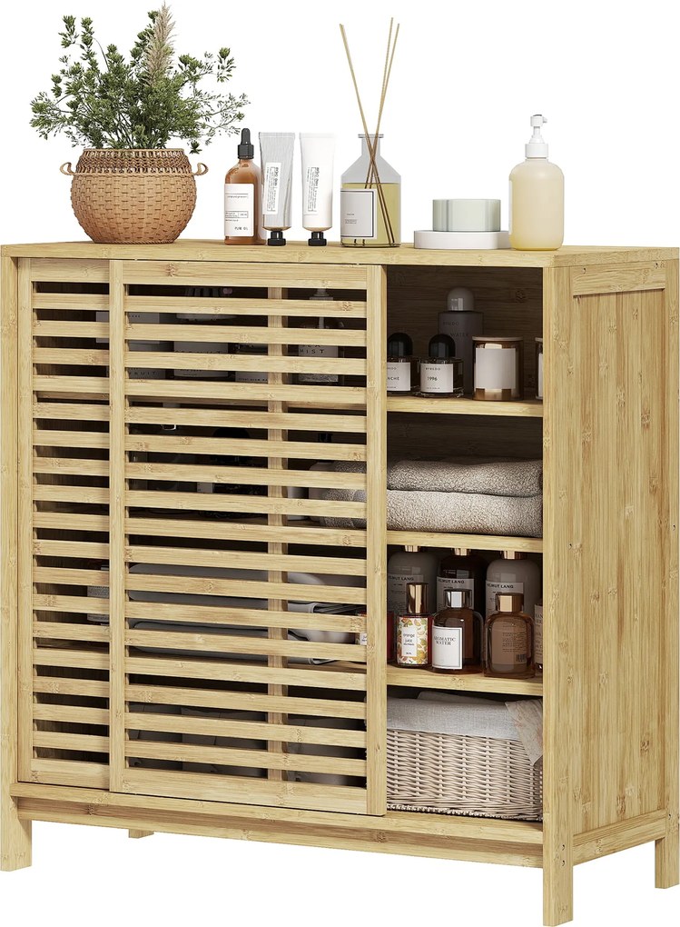 HOMCOM Bambusz Fürdőszoba Szekrény 2 Csúszóajtóval, Rácsos Design, 4 Polcos Tároló Szekrény Konyhába, Nappaliba 80x34x80 cm Természetes | Aosom