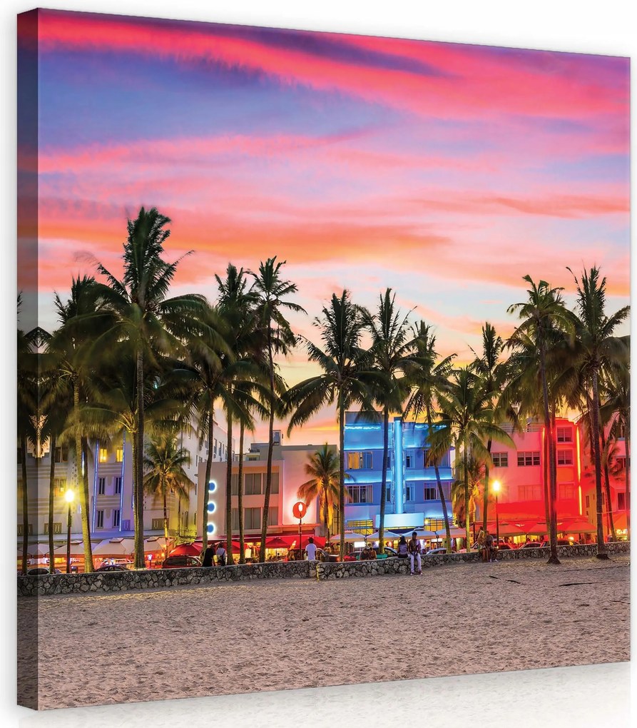 Vászonkép 40x40 Naplemente Miami Beach pálmafák óceán fényes trópusi tengerpart