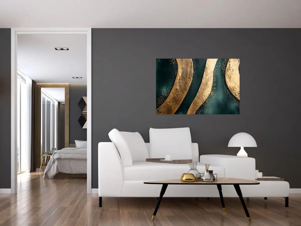 Kép - Zöld absztrakció arannyal I. (90x60 cm)