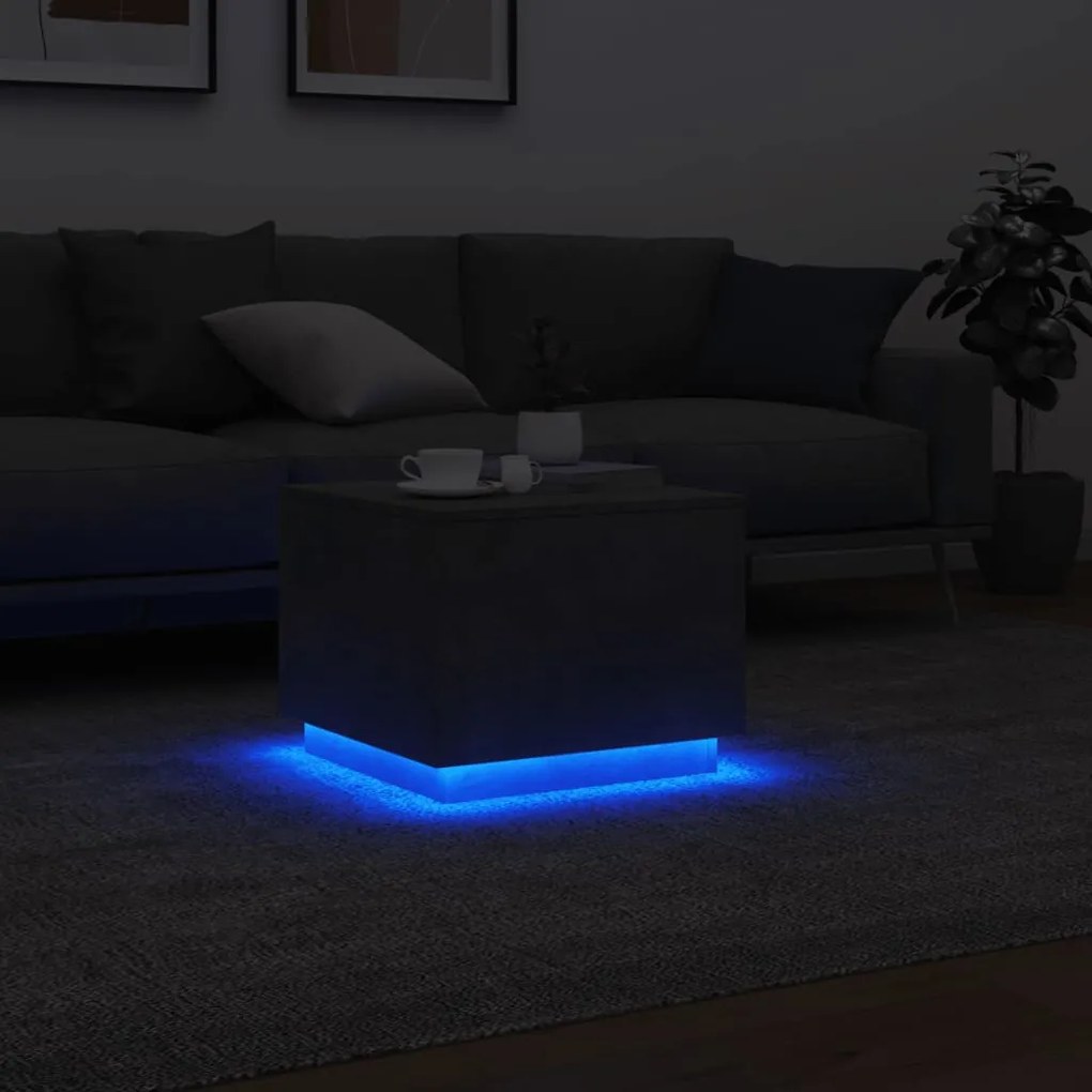 Betonszürke dohányzóasztal LED-lámpákkal 50 x 50 x 40 cm