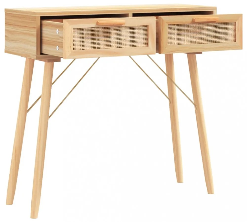 barna tömör fenyő és természetes rattan kisasztal 80x30x75 cm