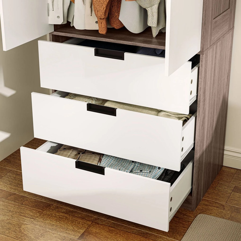 HOMCOM Modern Felnőtt Hálószoba Szekrény 3 Fiókkal és Akasztósíkkal, Méretek: 80Sz x 50Mé x 180Ma cm, Barna | Aosom